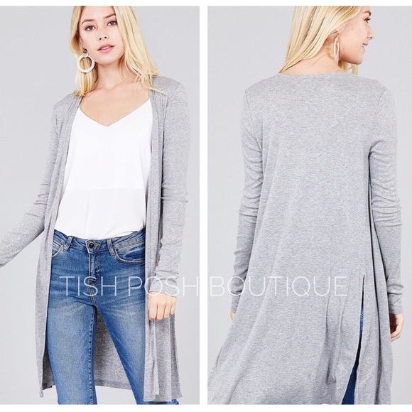 TishPosh Sweaters - ARIA Grey Ribbed Side Slit Cardigan Sweater
